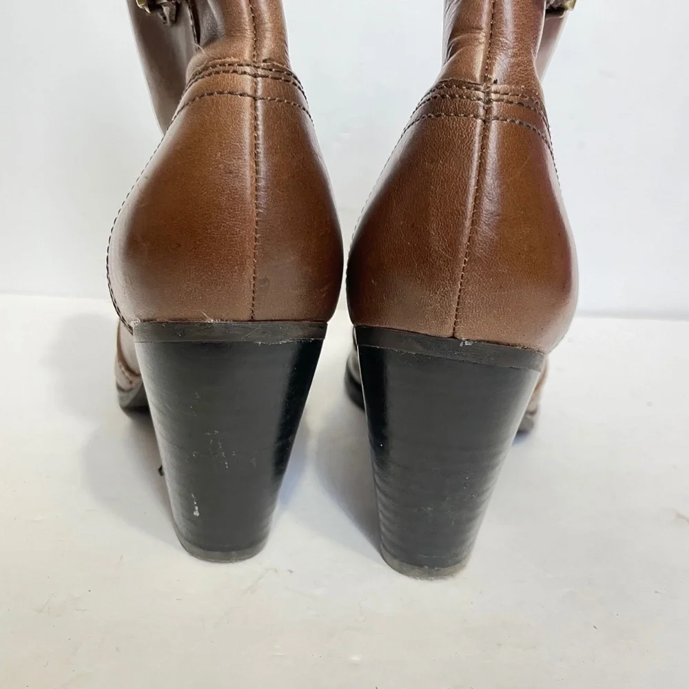 Brown leather Heeled Boots 7.5 Sebago Buckle Ankle Stacked Heel Ashton Cognac